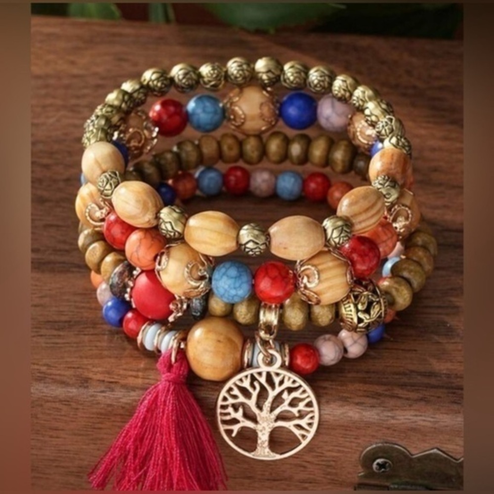 ✨NEW ✨ Tree of life Boho Beaded layered Bracelet Set - gold - Picture 1 of 4